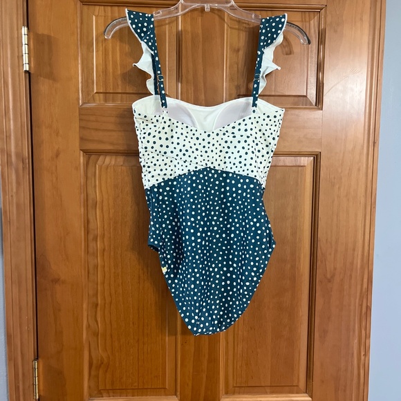 NWOT Summersalt ruffle oasis one piece swimsuit bathing suit teal and white dots - Picture 2 of 8